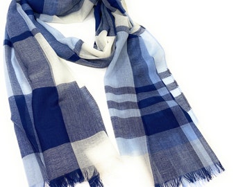 90/10 Wool/Cashmere Lightweight Oversized Scarf - Blue & White Check - Version 1