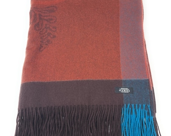 Deken/deken van 100% puur kasjmier - bruin en blauw intarsia-ontwerp - extra groot