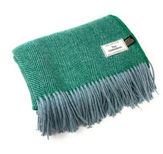 100 Wool Blanket Made in UK Jade Green Grey Jumbo Herringbone