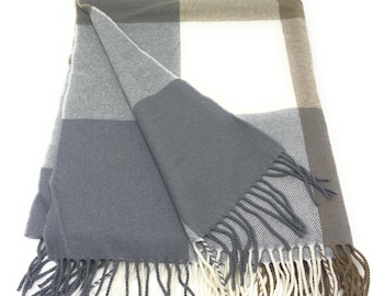 Lamswollen stola/wrap/kniedeken - grijs, crème en beige blokruit