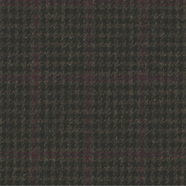 Tissu 100 % laine tweed vendu au demi-mètre tissé dans le Yorkshire, Royaume-Uni (pied-de-poule marron/gris avec carreaux rouges) FC1