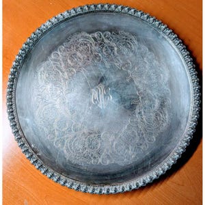 Vintage International Silver Co. Ornate 19&quot; Silver-Plated Round Serving Tray With Engraved Scroll Design