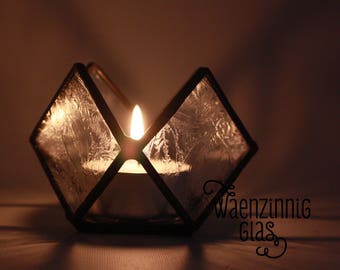 set of 2 stained Glass candle holder, snowflake glass in geometrical shape