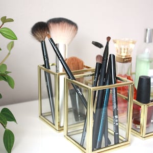 Beauty set, brass and glass makeup organizer, medium set of 3