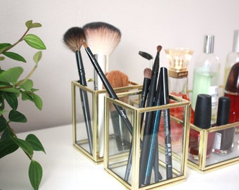 Beauty set, brass and glass makeup organizer, medium set of 3