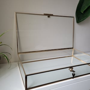 Może przedstawiać: Przezroczysta szklana gablotka z pozłacaną metalową ramą i zamkiem z przodu. Gablotka jest otwarta, a pokrywa jest uniesiona.