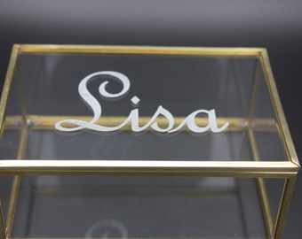 Personalized glass display case, brass box, jewelry display, keepsake box, wedding box