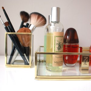 Beauty set, brass and glass makeup organizer, small set of 2