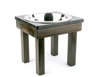 Raised Dog Bowl, single stainless-steel bowl, 12" Medium, solid wood, fully assembled. All natural & pet safe.