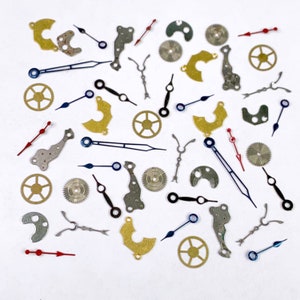 50 Flat Watch Parts Gears Wheels Hands Steampunk Watchmakers Lot Blue Gold Vtg