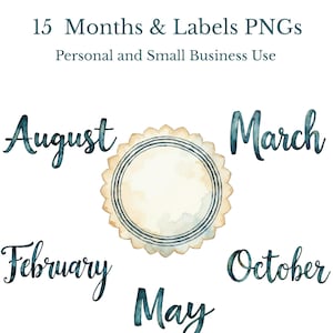 Month & Labels PNG Bundle, Watercolor Months and Blank Label Frames, Planner Month PNGs