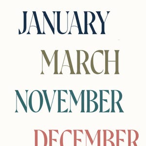 May include: A digital collection of 12 long and narrow PNG designs titled Earthy Month Headings. The image displays the words JANUARY, MARCH, NOVEMBER, and DECEMBER in various colors, with technical specifications 4000x4000 px and 300 DPI listed.