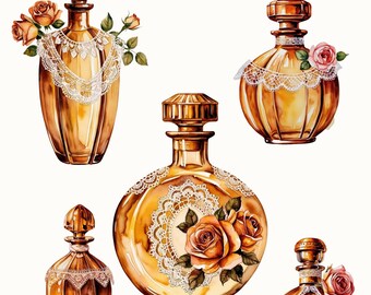 Conjunto de imágenes prediseñadas de botellas de perfume vintage: PNG de botellas antiguas (descarga digital)