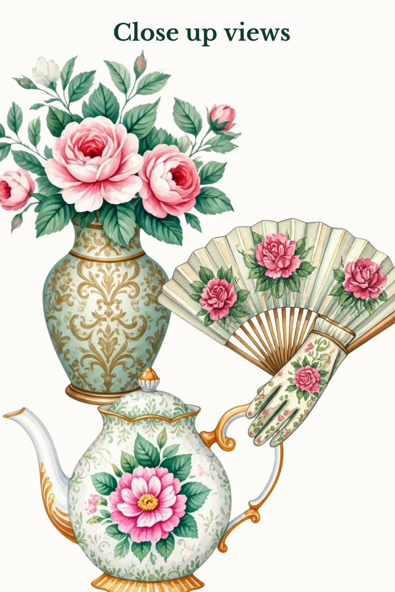 Victorian Era Clipart, Watercolor Tea Set PNG, Vintage Florals, 20 ...