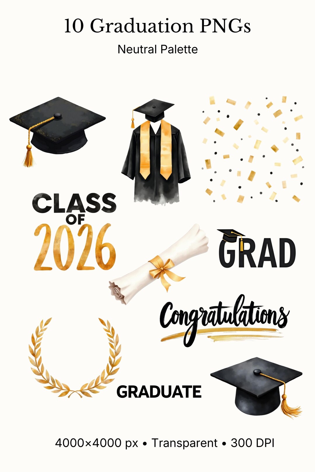 Graduation Clipart PNG Set — Black Gold, Class of 2026, Cap & Diploma ...