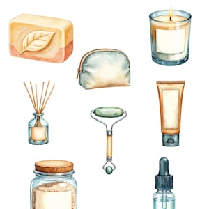 Pakiet clipartów z motywem dbania o siebie w formacie PNG, 15 akwarelowych obrazów spa i wellness w formacie PNG