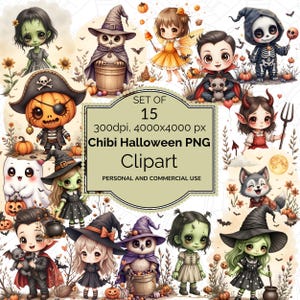 Chibi Halloween Clipart Bundle – 12 Kawaii Characters (Witch, Ghost, Pumpkin Pirate, Vampire, Skeleton, Fairy, Wolf Pup) PNG