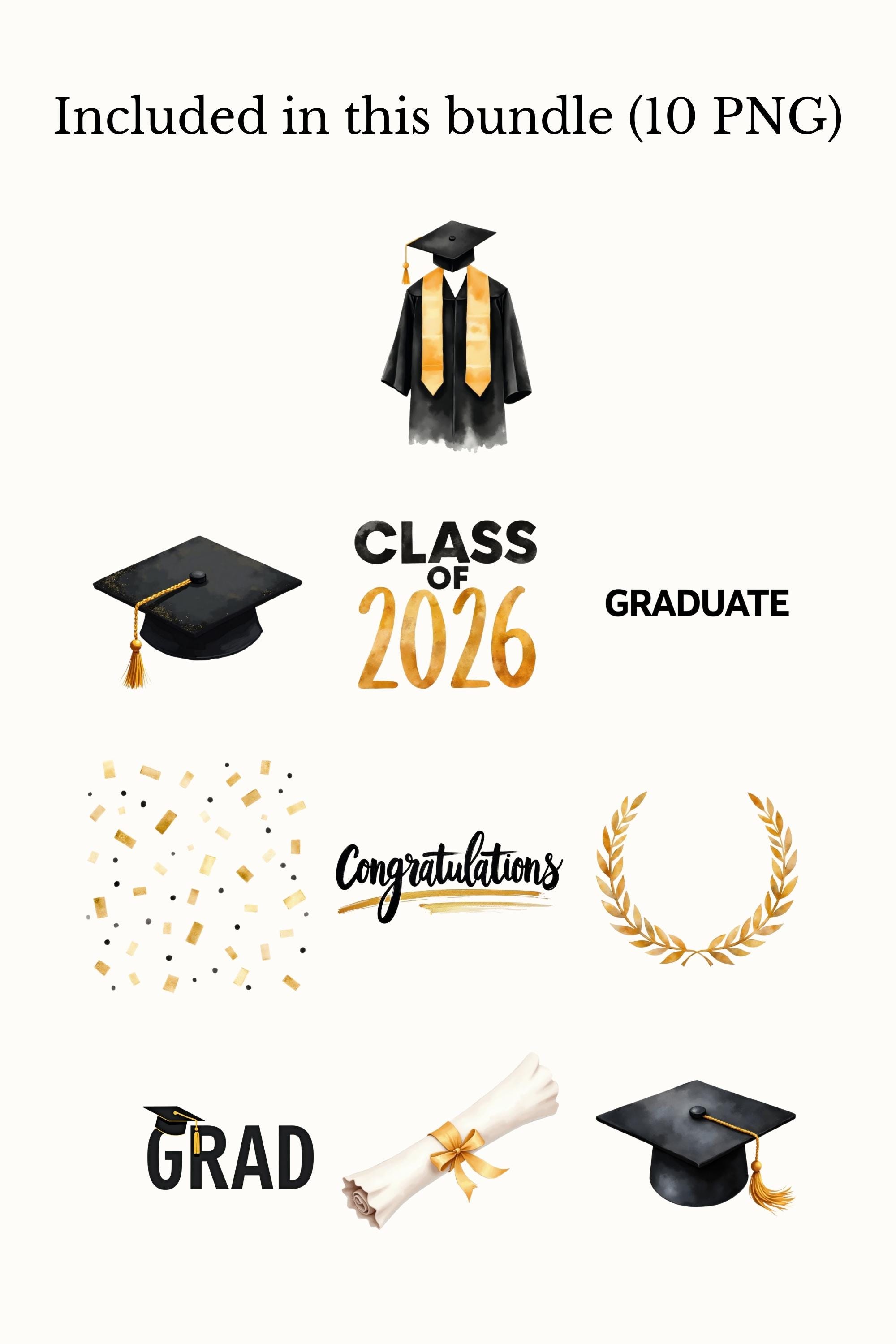 Graduation Clipart PNG Set — Black Gold, Class of 2026, Cap & Diploma ...