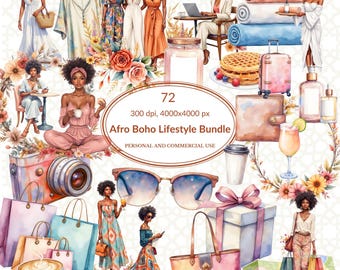 Boho Clipart Bundle — Women (2 versions), Florals + Props + Bonus Digital Papers, 72 images