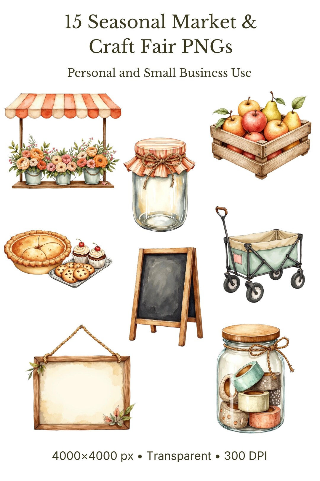 Craft Fair Clipart PNG Bundle, 15 Watercolor Seasonal Market and Vendor ...