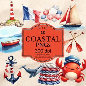 Clipart côtier | Lot de cliparts aquarelle maritime | PNG nautique | Ensemble PNG pour sublimation | Thème océan