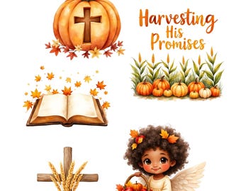 Fall Christian Clipart Bundle: Watercolor Pumpkin, Cross, & Scripture (Commercial Use PNGs)