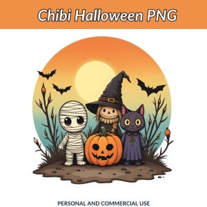 Chibi Halloween PNG / Carino mummia strega gatto nero Clipart / Amici spettrali kawaii / Sfondo trasparente Design a sublimazione