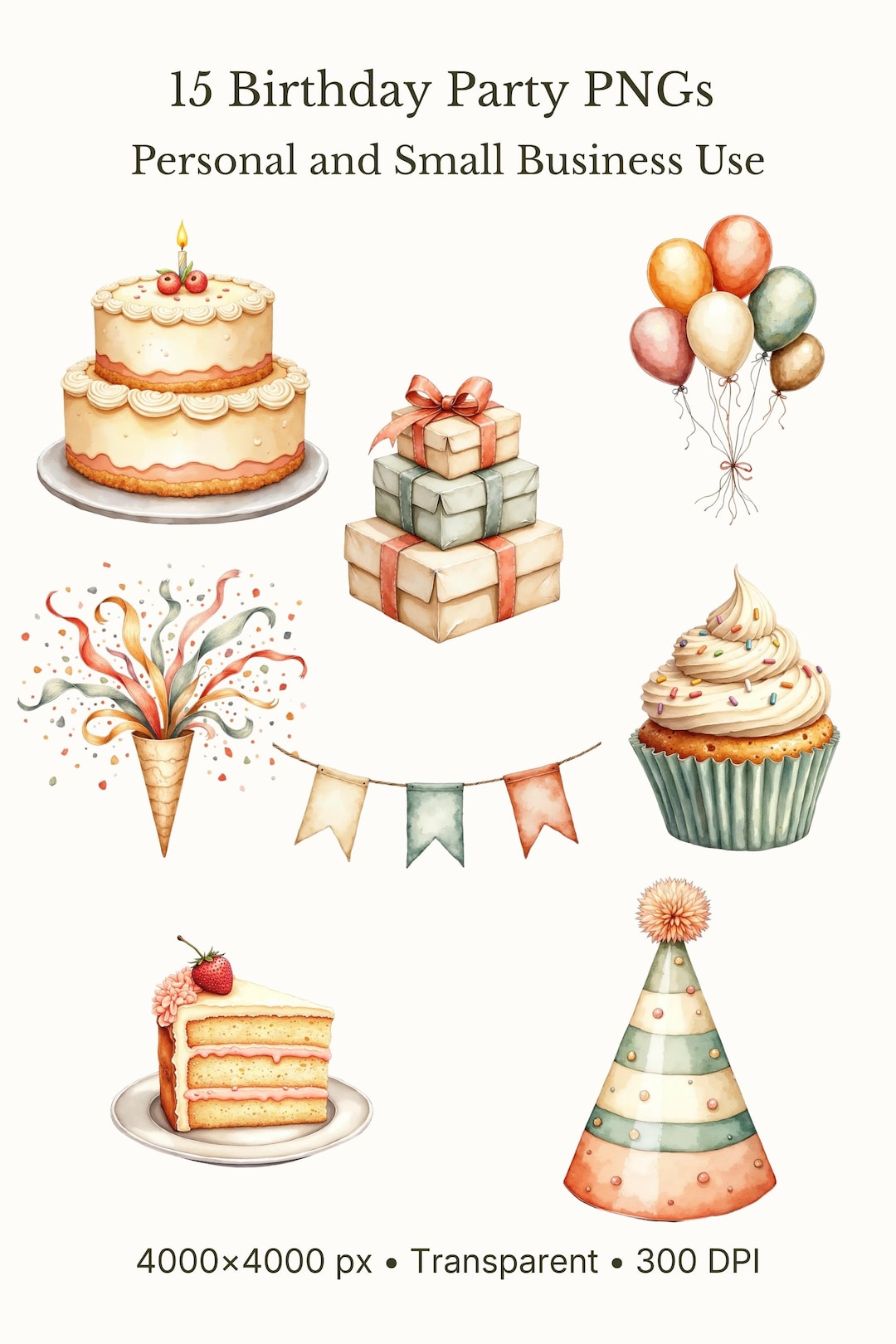 Birthday Party Watercolor PNG Clipart (15) | Balloons Cake Cupcake ...