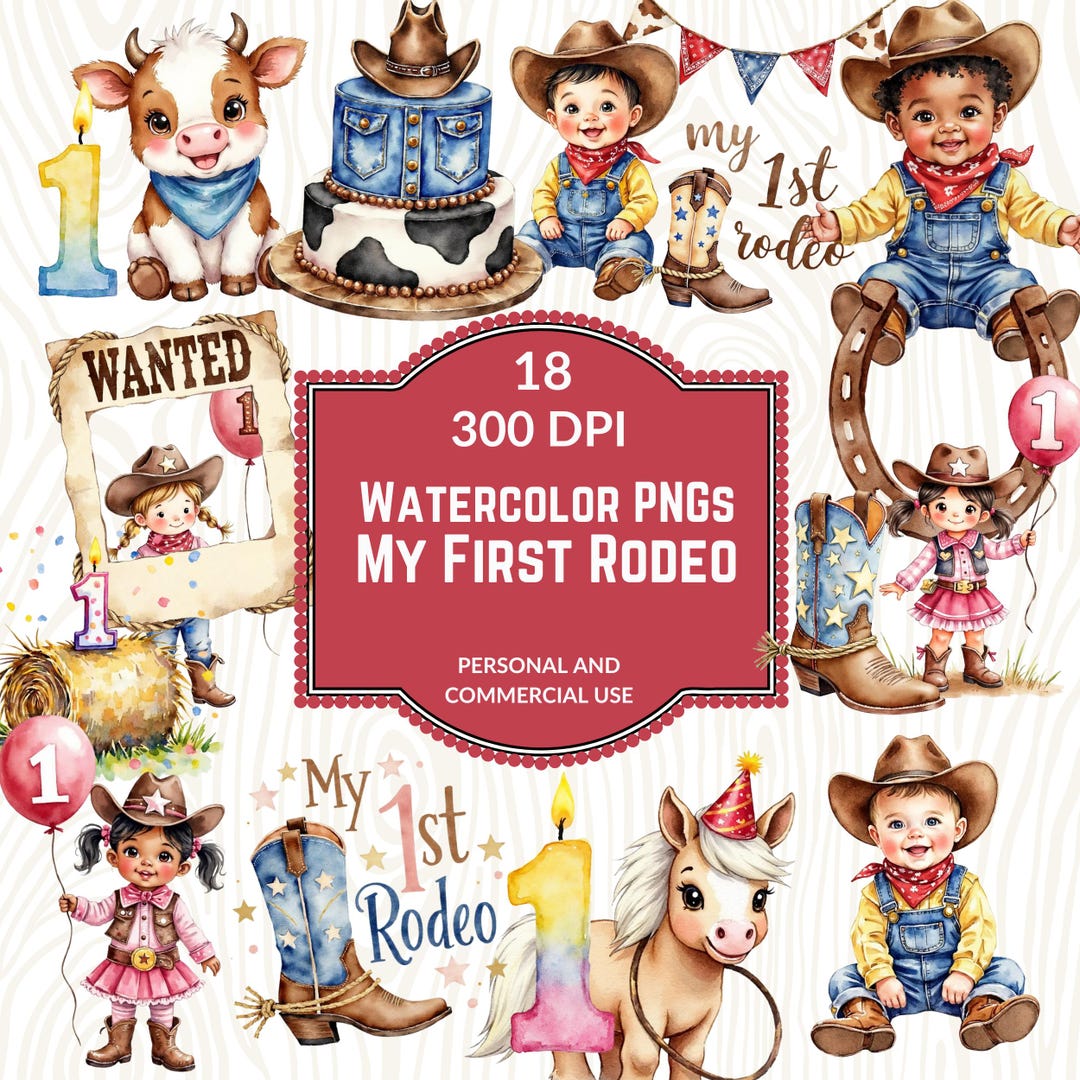 My First Rodeo Clipart Bundle: Watercolor Cowboy Cowgirl Pngs (digital ...