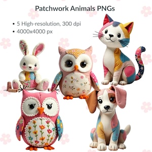 Puede incluir: Imagen de cinco PNG de animales de patchwork, incluyendo un conejo, dos búhos, un gato y un perro. Los animales están hechos de tela en varios colores y patrones. La imagen también incluye el texto "Patchwork Animals PNGs".