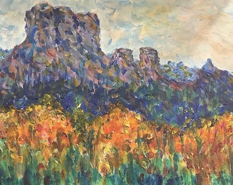 Original acrylic painting, "Autumn Mountains," 12" x 16", panel, landscape, nature, wall art, mountain scenery, vibrant colors, canvas panel