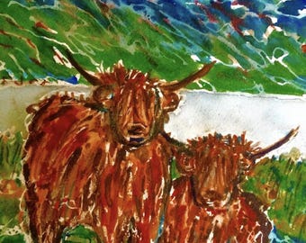 Wall Art Print of Original "Highland Cows" 8"x10" on Quality Archival Matte Fine Art Paper. Discover the beauty of Scotland and Its "Coos"!