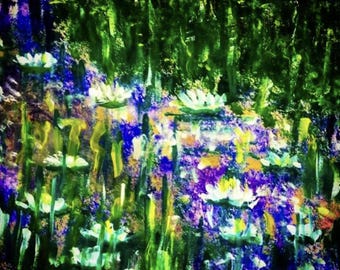 Wall Art Print of Original Watercolor Painting, Homage à Monet--Water Lilies by Moonlight Colorful Square 10"x10" on Quality Archival  Paper
