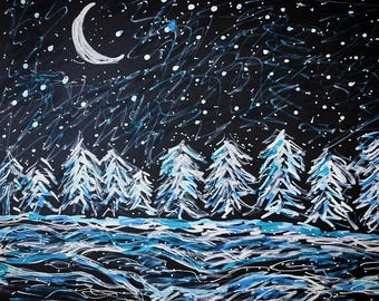 Original Watercolor & Acrylic Painting on paper, Winter Landscape 9" x 10" Serene view in blue and white of night snow falling on pine trees