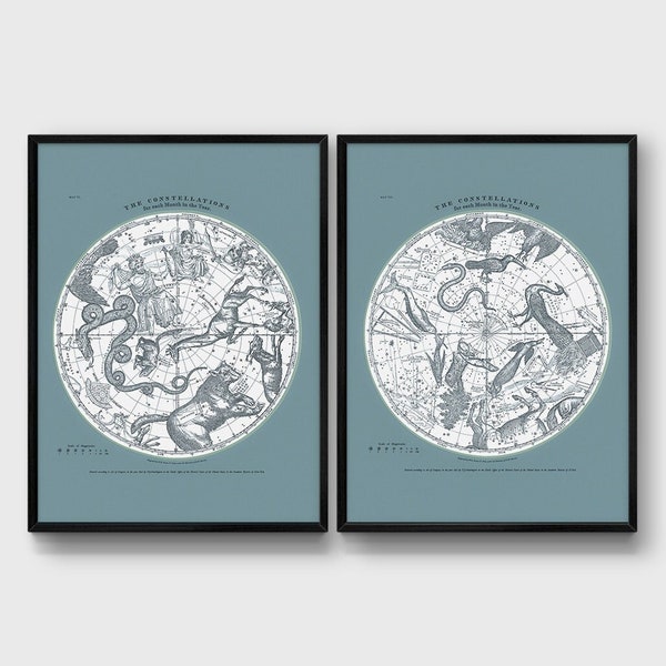 Constellation Posters. Modern Vintage Southern and Northern Hemisphere Prints. Set of 2. Diptych Print. Astronomy Blue Print. Star Map.