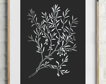 Olive Branch Wall Art - PRINTABLE FILE. Olive Branch Print. Boho Poster. Monochrome Art. Botanical Black White Scandinavian Poster.
