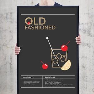 May include: A black and gold printable poster with a recipe for an Old Fashioned cocktail. The poster features a simple illustration of a glass with ice cubes, a cherry, and a lime wedge. The ingredients and directions are listed in a table format.