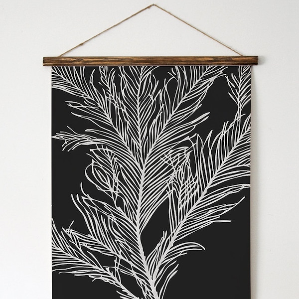 Pôster de arte de penas. Arte semi-abstrata branca preta. Decoração de parede preta. Arte na parede da sala de estar. Pôster Boho Escuro. Impressão de pôster de parede da galeria.