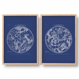 Konstellation Poster. Moderne Jahrgang Südhalbkugel und Nordhalbkugel. 2er Set. Diptychon. Astronomie-Druck. Sternenkarte.