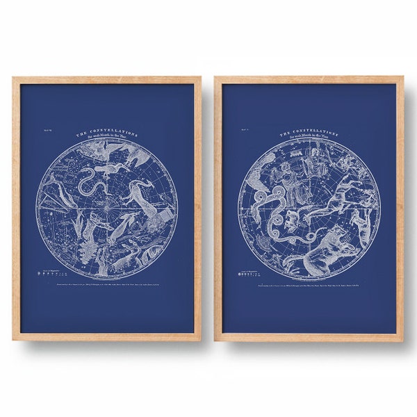 Constellation Posters. Modern Vintage Southern Hemisphere and Northern Hemisphere. Set of 2. Diptych. Astronomy Print. Star Map.