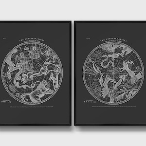 May include: A set of two black framed prints with white illustrations of constellations. The prints feature the text "The Constellations of the Northern Hemisphere" and "The Constellations of the Southern Hemisphere".