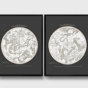 Sternbild Poster. Moderne Vintage Drucke der südlichen und nördlichen Hemisphäre. 2er-Set. Diptychon Print. Astronomie-schwarzer Druck. Sternenkarte.