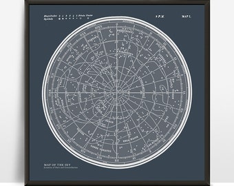 Star Map Constellations Framed Poster. Ready to Hang Print. Map of the Sky. Vintage Modern Astronomy Print. Blue Celestial Map Wall Art.