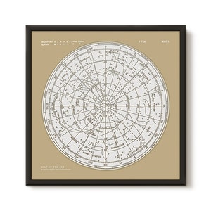 Póster enmarcado de constelaciones de mapas estelares. Impresión lista para colgar. Mapa del cielo. Impresión de astronomía moderna vintage. Arte de la pared de astronomía.