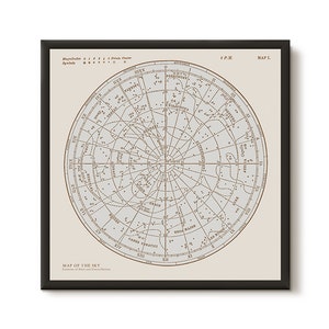 Póster enmarcado de constelaciones de mapas estelares. Impresión lista para colgar. Mapa del cielo. Impresión de astronomía moderna vintage. Arte de la pared de astronomía.