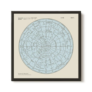 Póster enmarcado de constelaciones de mapas estelares. Impresión lista para colgar. Mapa del cielo. Impresión de astronomía moderna vintage. Arte de la pared de astronomía.