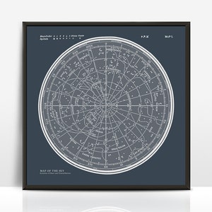 Póster enmarcado de constelaciones de mapas estelares. Impresión lista para colgar. Mapa del cielo. Impresión de astronomía moderna vintage. Arte de pared del mapa celestial azul.