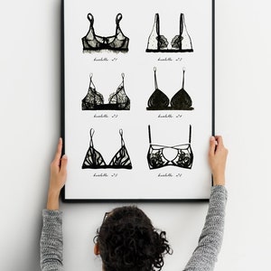 Plakat biustonosza. Wydruk artystyczny na ścianę z bielizną. Plakat czarnego biustonosza z koronką. Wydruk artystyczny na bieliźnie. Ilustracja boho kobieca. Wystrój pokoju Tumblr.