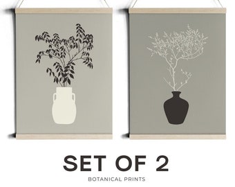 Botanical Print Set of 2. Beige Greige Grey Background Modern Posters. Minimalist Diptych. Plant Grass Leaf Floral Flower Illustration.