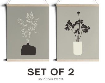Botanical Print Set of 2. Beige Greige Grey Background Modern Posters. Minimalist Diptych. Plant Grass Leaf Floral Flower Illustration.